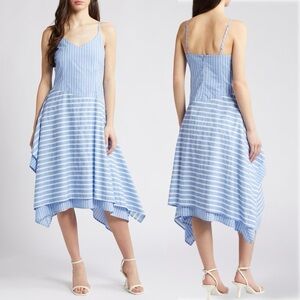 Du Paradis Blue White Striped Midi Dress Sleeveless Cotton Poplin size Medium